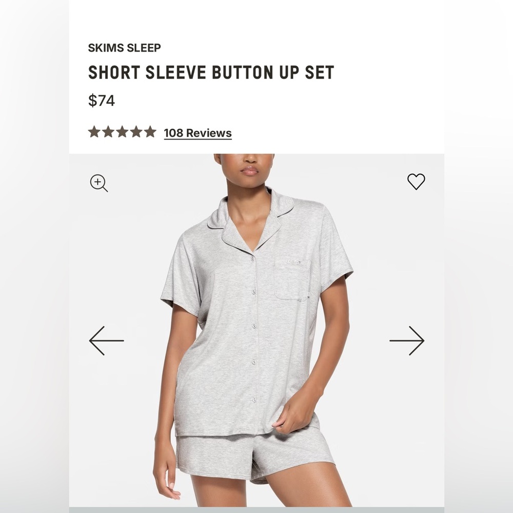 SKIMS Light Gray Short Sleeve Button Up Pajama Lounge Sleepwear Set